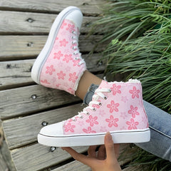 Pink Floral High Top Canvas Sneakers Lace Up Flat Shoes
