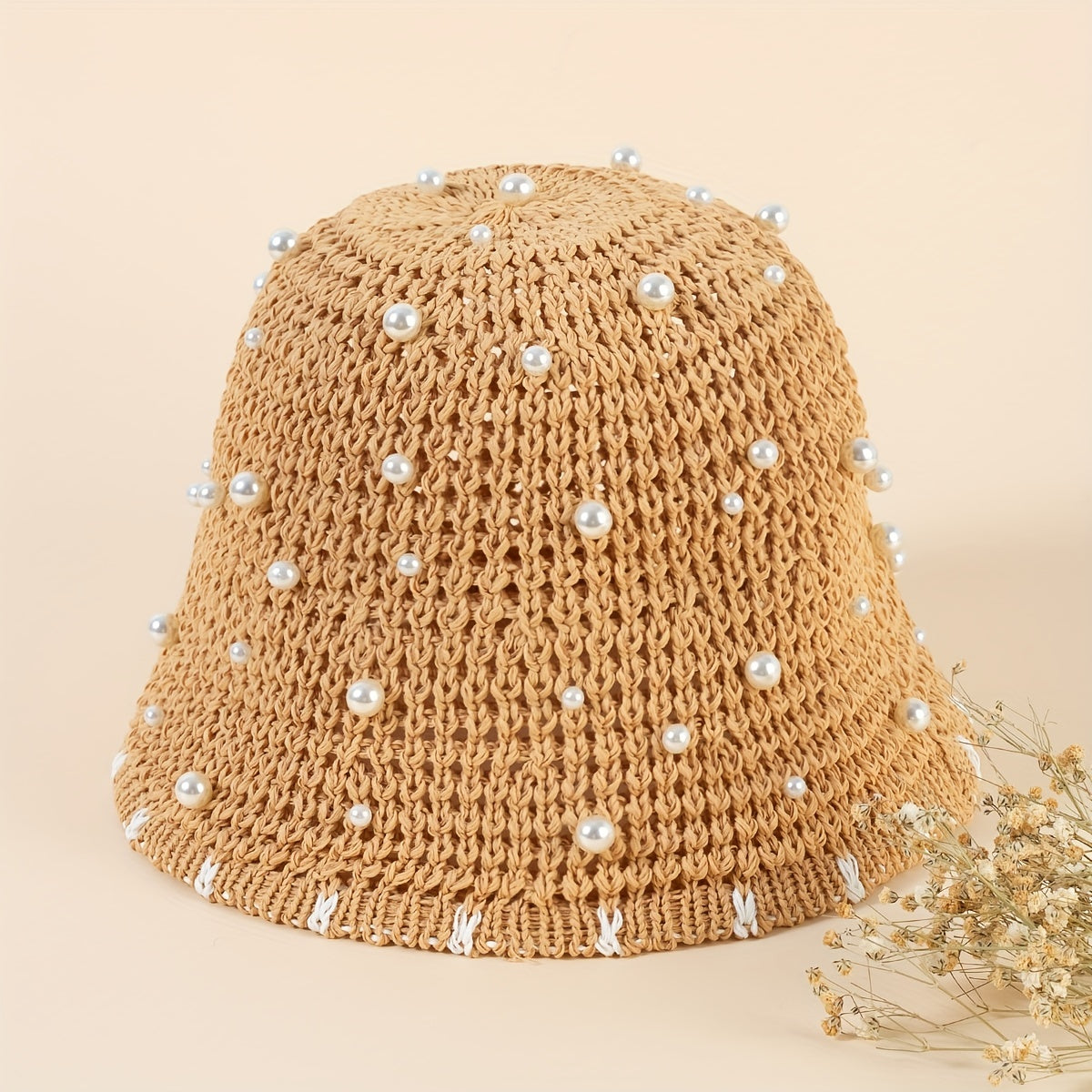 Faux Pearl Decor Bucket Hat Brown Hollow Out Basin Hat Crochet Breathable Cloche