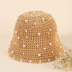 Faux Pearl Decor Bucket Hat Brown Hollow Out Basin Hat Crochet Breathable Cloche