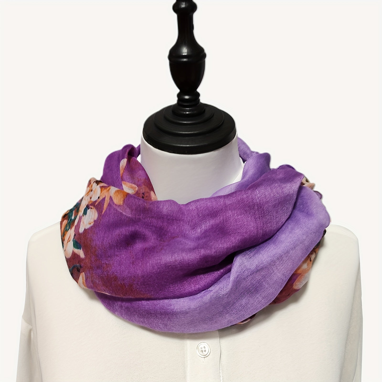 Vintage Purple Flower Print Scarf Gradient Warm Shawl Women Windproof Head Wrap