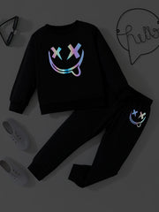 Happy Face Pattern Boy's 2pcs Sweatshirt & Sweatpants Set