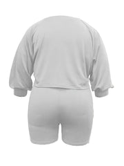 Casual Outfits Set Women Plain Long Sleeve Crop Top & Shorts 2pcs