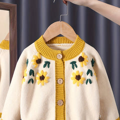 Girls Floral Embroidered Knitted Warm Sweater Cardigan