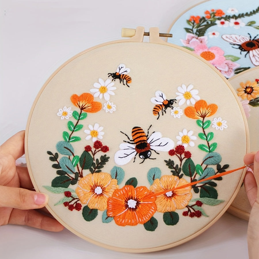 Honeybee Flower Starter Embroidery Kit with Hoop, Needles, Threads, Instructions