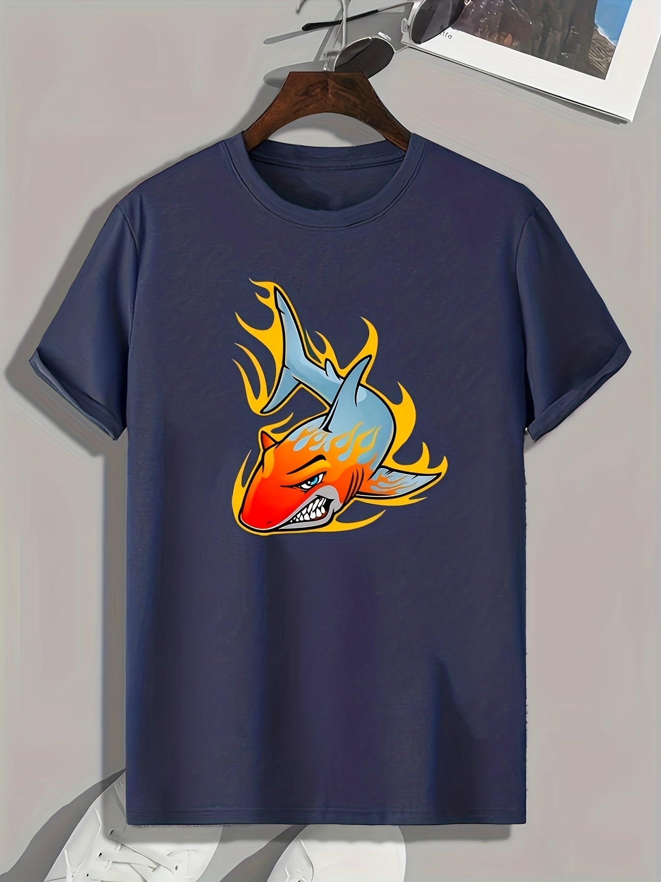 Burning Shark Print Men's Graphic T-Shirt for Summer