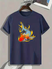 Burning Shark Print Men's Graphic T-Shirt for Summer