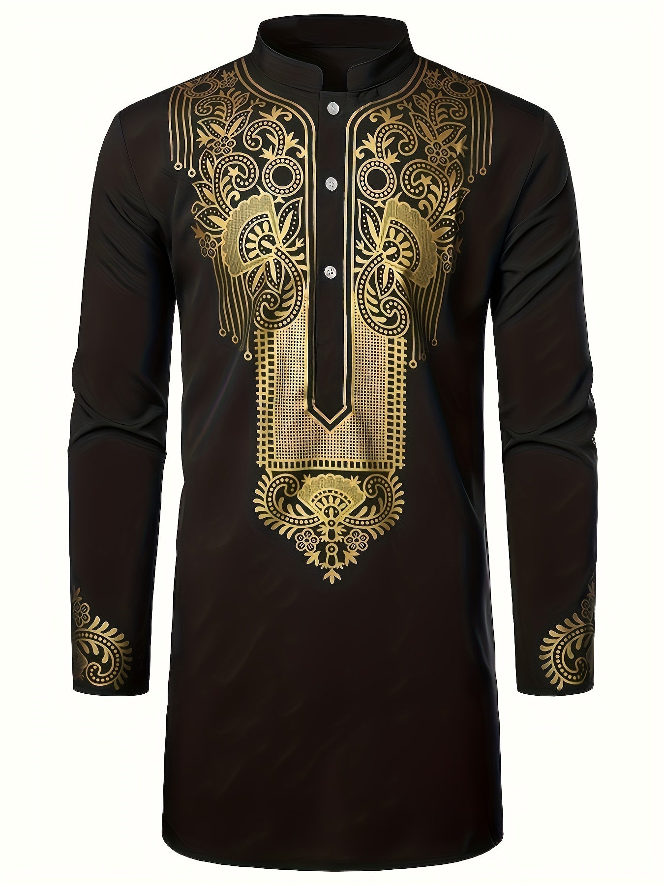 Men's Dashiki Shirt African Clothes Metallic Golden Print Long Sleeve