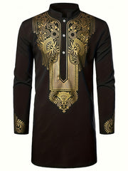 Men's Dashiki Shirt African Clothes Metallic Golden Print Long Sleeve