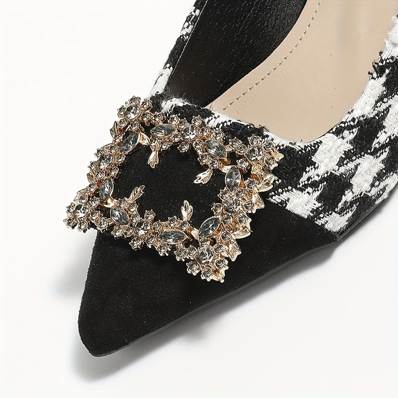 Houndstooth High Heels Rhinestone Buckle Cap Toe Stiletto Pumps
