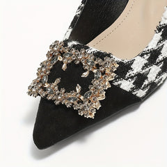 Houndstooth High Heels Rhinestone Buckle Cap Toe Stiletto Pumps