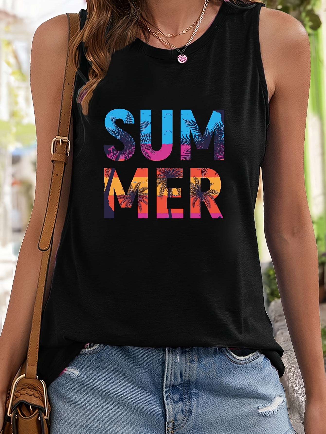 Tree & Summer Letter Pattern Stretchy Sports Vest Sleeveless Top