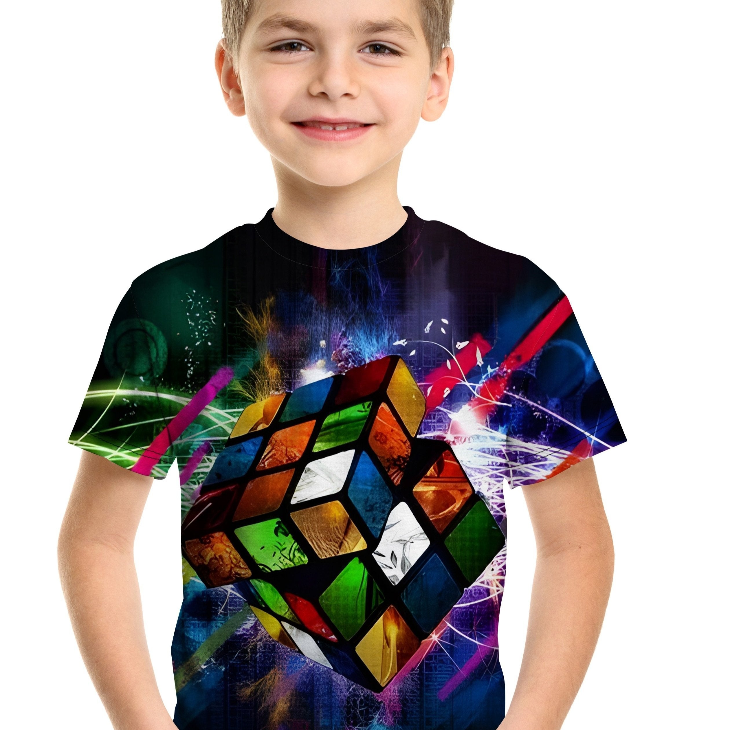 Colorful Cube 3D Print Boy's Casual Tees Short Sleeve Crew Neck T shirt