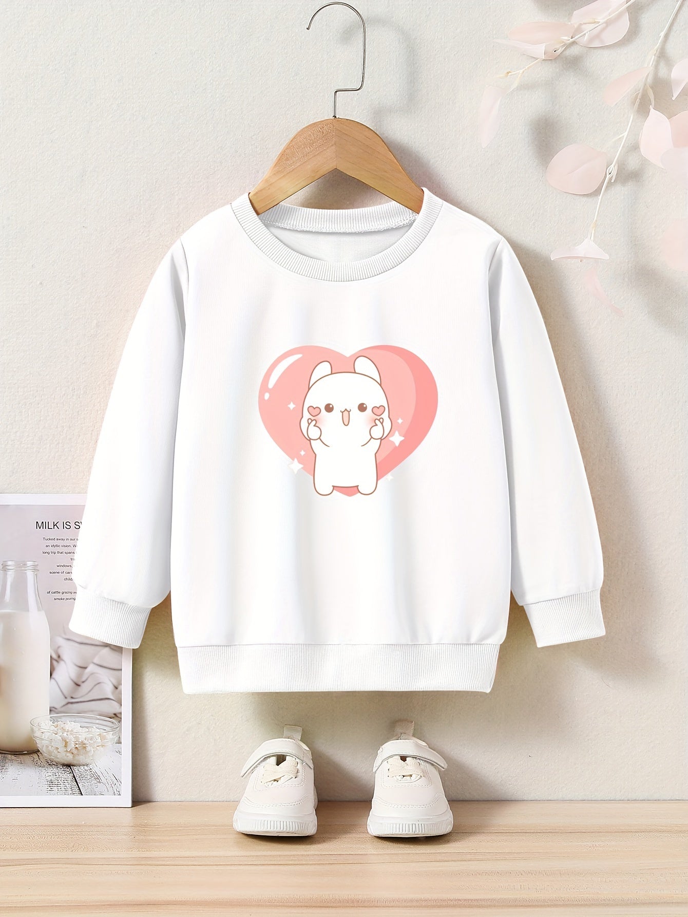 Rabbit Heart Print Girls Sweatshirt Crew Neck Tops Kids Clothing