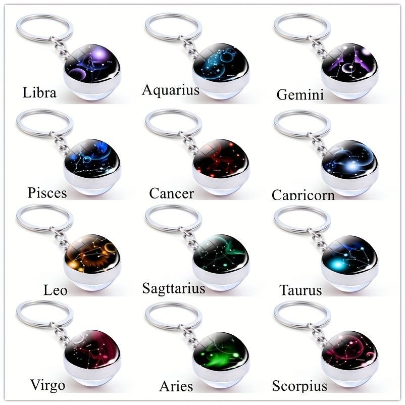 12 Constellations Double Side Glass Ball Key Ring Glow At Night
