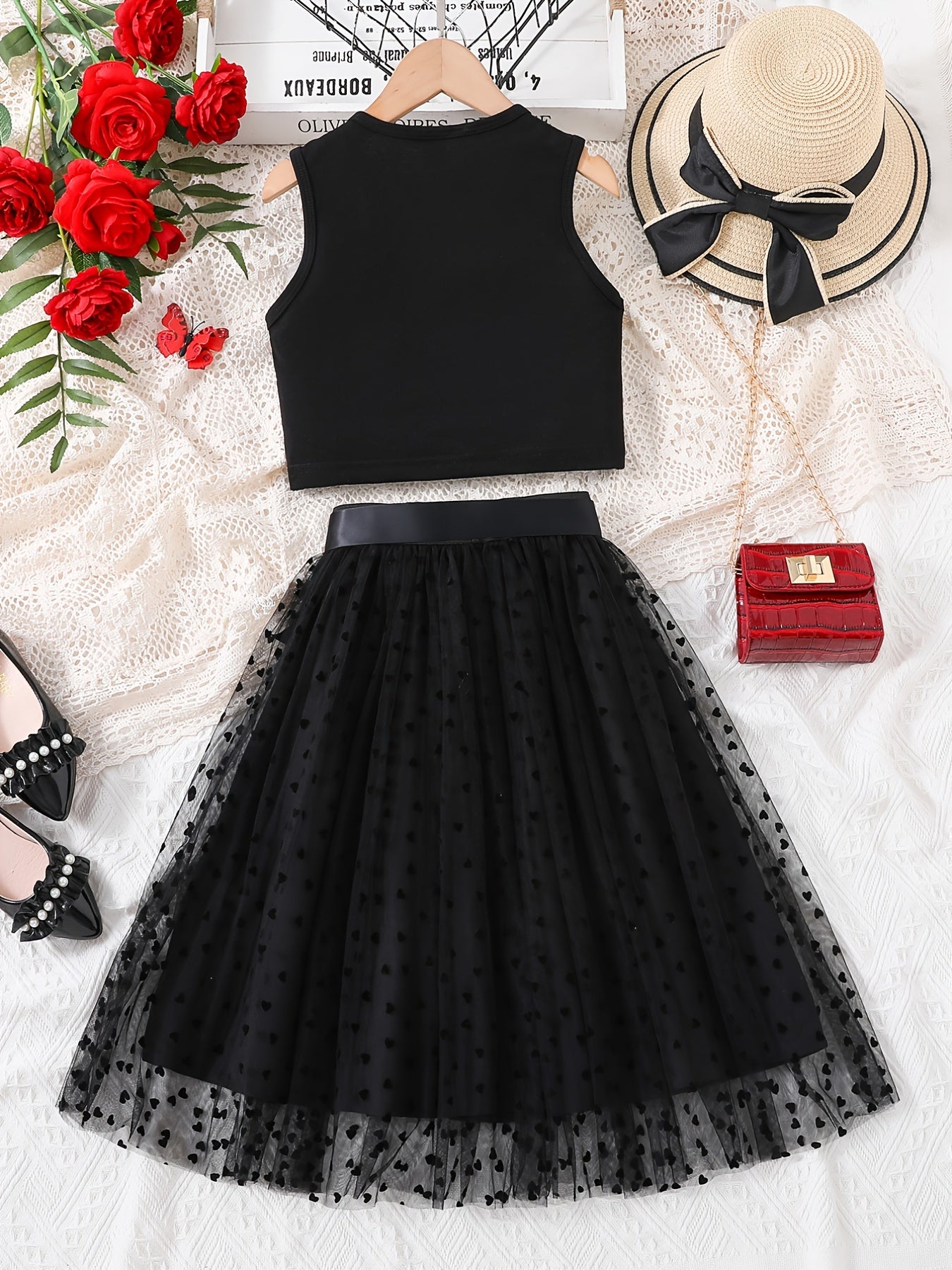 2pcs Girls Mesh Tank Top & Tutu Skirt Set Kids Summer Clothes