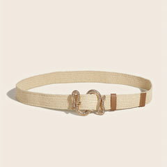 Snake Shape Buckle Straw Belt Beige Handwoven Casual Boho Girdle Elastic Beach