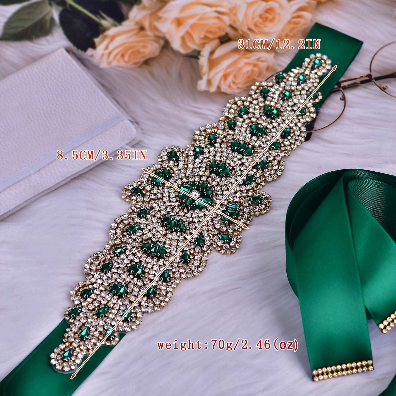 Green Satin Ribbon Belt with Rhinestone and Pearl Embellishments