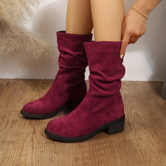 Mid Calf Retro Slouch Boots Low Heel Slip On Round Toe