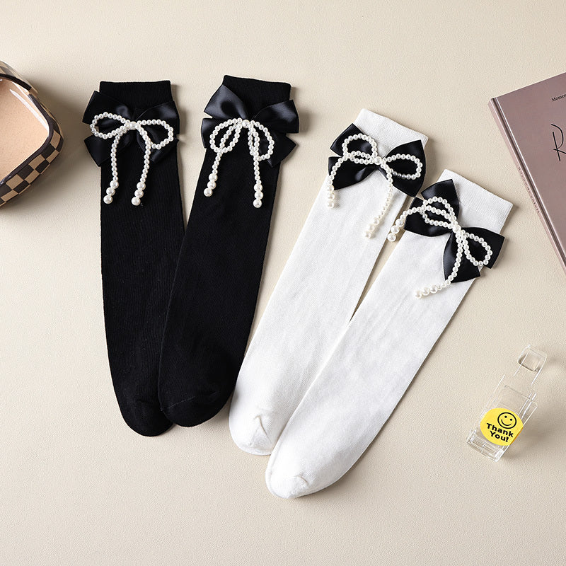 Pearl Big Bow Socks for Kids Over 3 Years