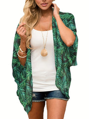 Leaf Print Cover Up Shirt V Neck Loose Fit Half Sleeves Non Stretch