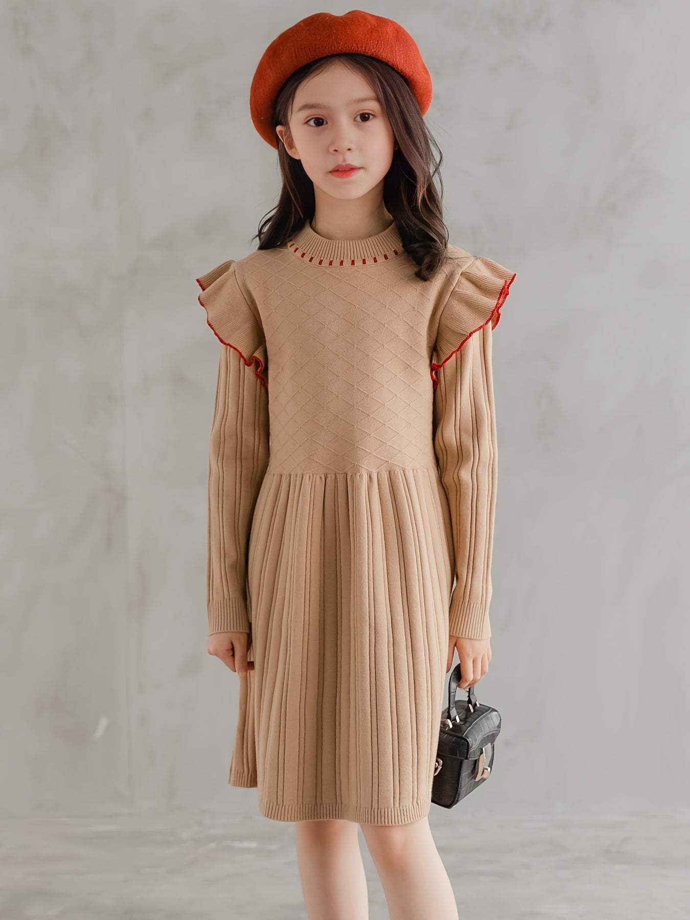 100% Cotton Girls Vintage Ruffle Trim Long Sleeve Knit Dress
