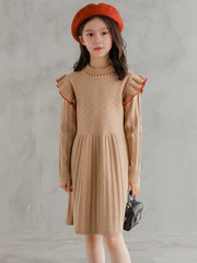 100% Cotton Girls Vintage Ruffle Trim Long Sleeve Knit Dress
