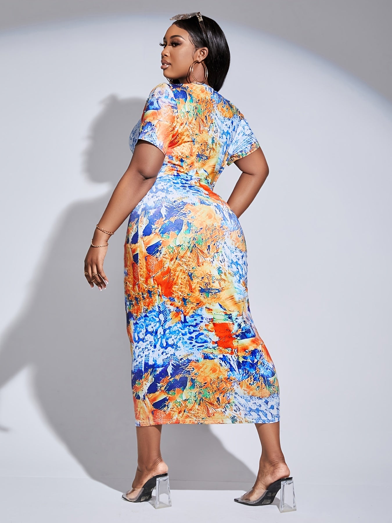 Random Print Short Sleeve Bodycon Dress