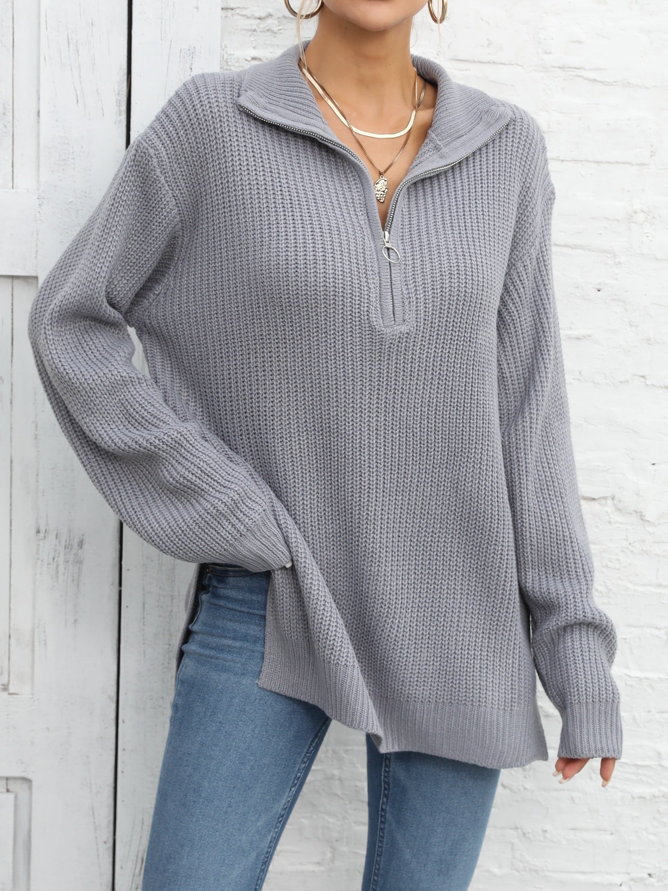 Long Sleeve Half Zip Side Slit Sweater for Winter & Fall
