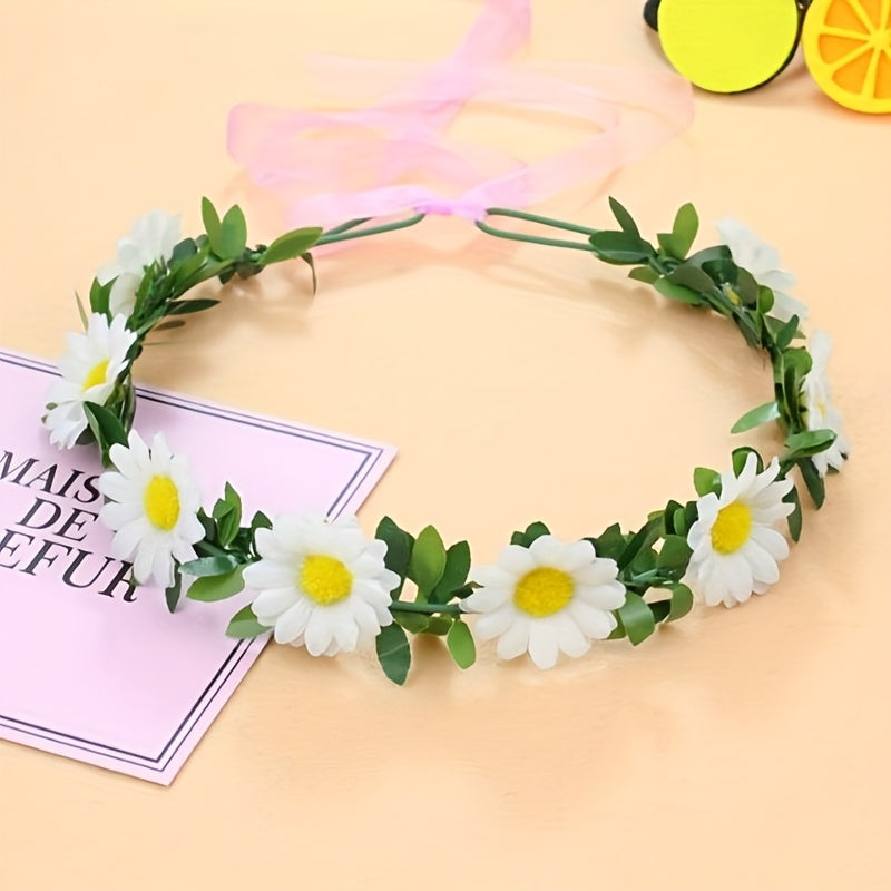 Boho Style Sunflower Hair Crown with Yellow and Pink Flowers