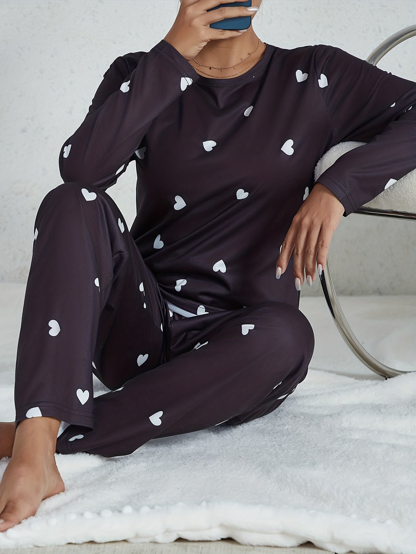 Heart Print Pajama Set Long Sleeve Top & Pants