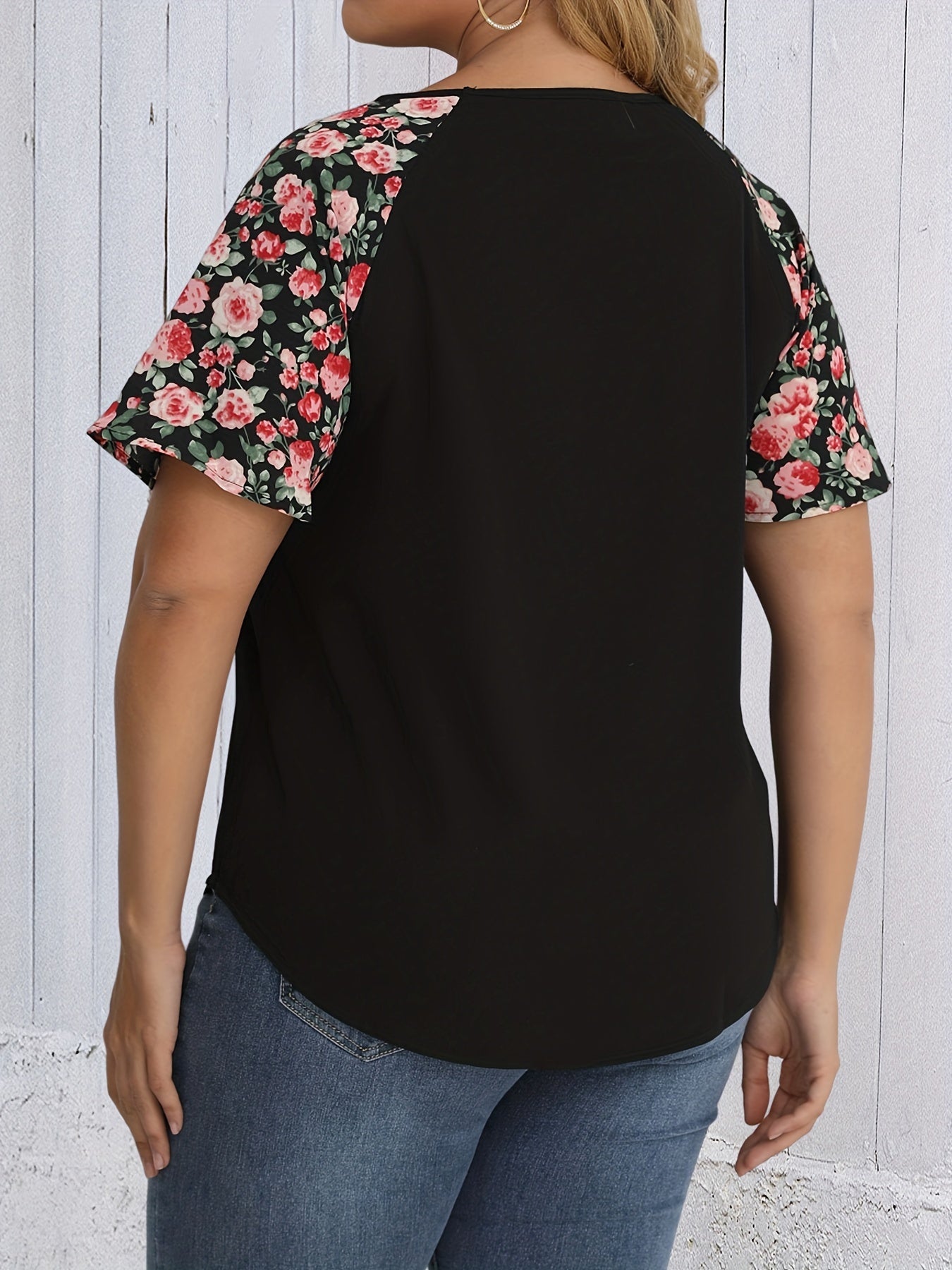 Vacay Blouse Women's Plus Colorblock Floral Short Sleeve T shirt