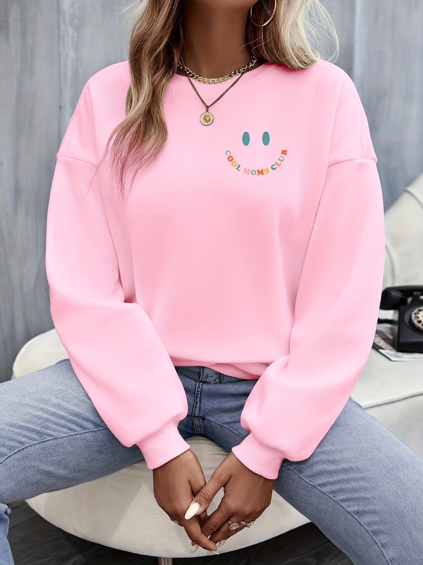 Letter & Smile Graphic Print Pullover Sweatshirt Casual Long Sleeve