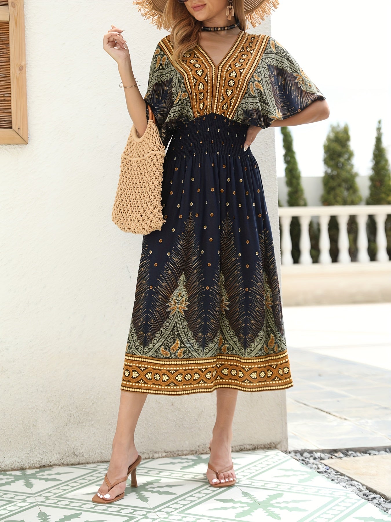 Boho Dress Women's Plus Floral & Paisley Print V Neck Short Sleeve