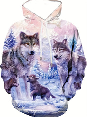 Wolf 3D Print Hoodie Men's Graphic Kangaroo Pocket Pullover