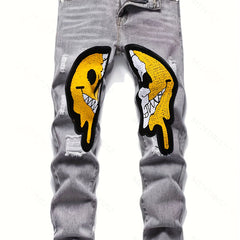 Smiling Face Regular Fit Jeans Men's Distressed Denim Pants