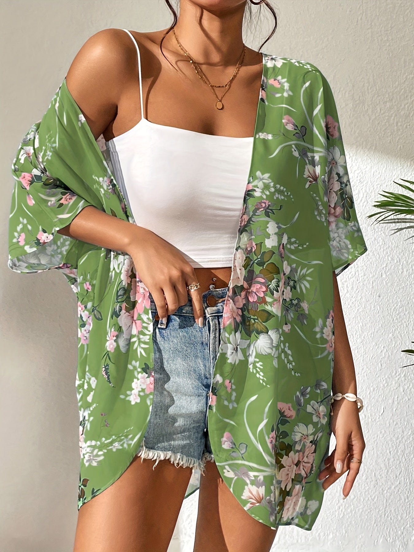 Floral Print Chiffon Kimono Sheer Cover Up Cardigan