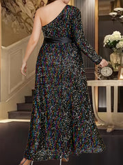 Plus Glitter One Shoulder Long Sleeve Maxi Formal Evening Dress