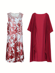 Plus Solid 3/4 Sleeve Cardigan & Floral Print Dress Outfit Set