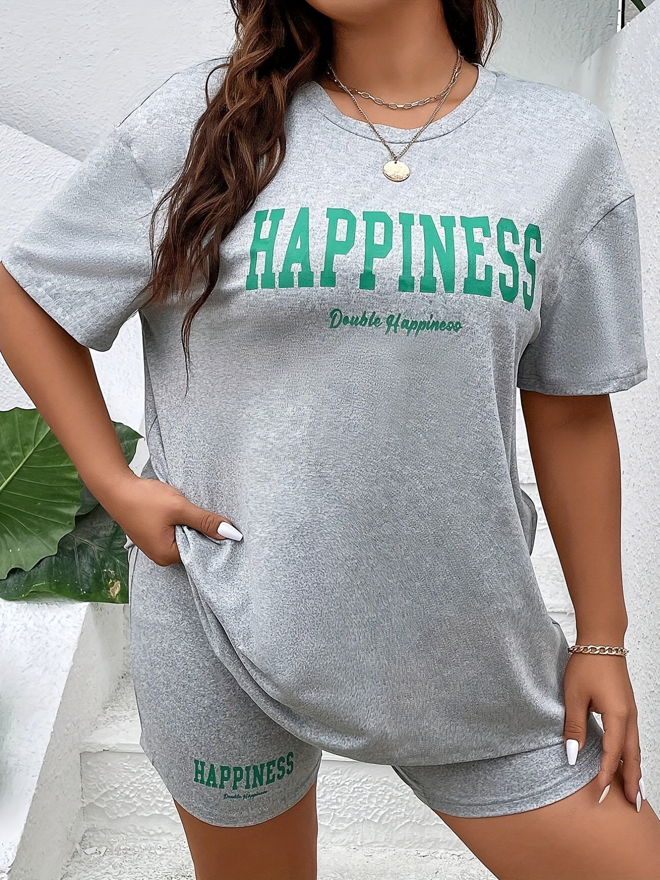 Casual Lounge Set Women's Plus Tee & Shorts Pajama Set