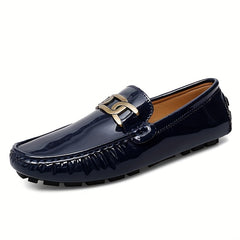 Women's Metal Buckle Flat Loafers Patent Leather Slip On Casual Walking Shoes
