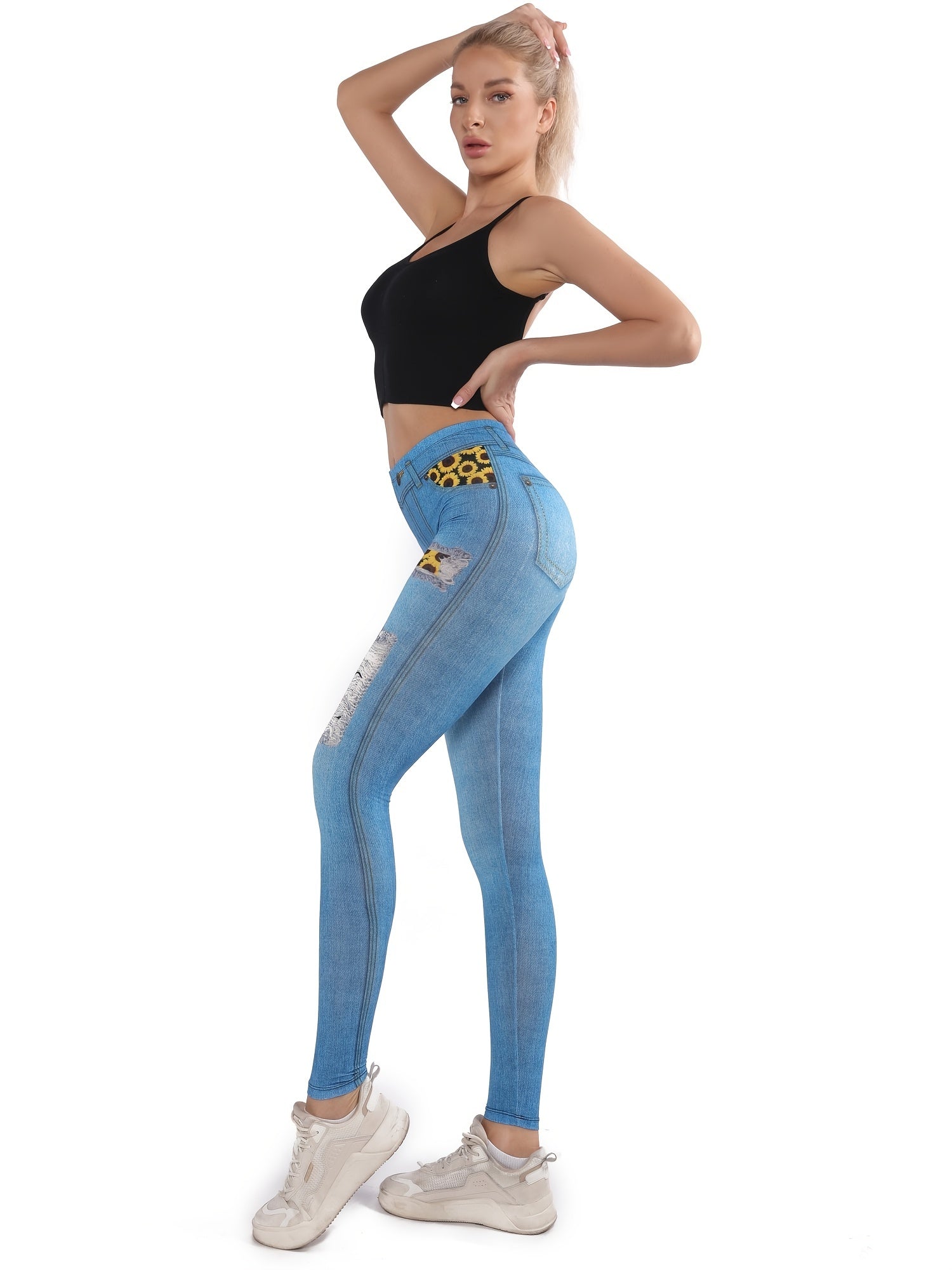 Denim Print High Waist Leggings Workout Casual Slim Yoga Pants
