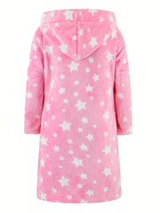 Girls Star Print Hooded Bathrobe Flannel Loungewear Kids Pajamas