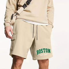Boston Letter Print Men's Cargo Shorts Lightweight Drawstring Work Pants