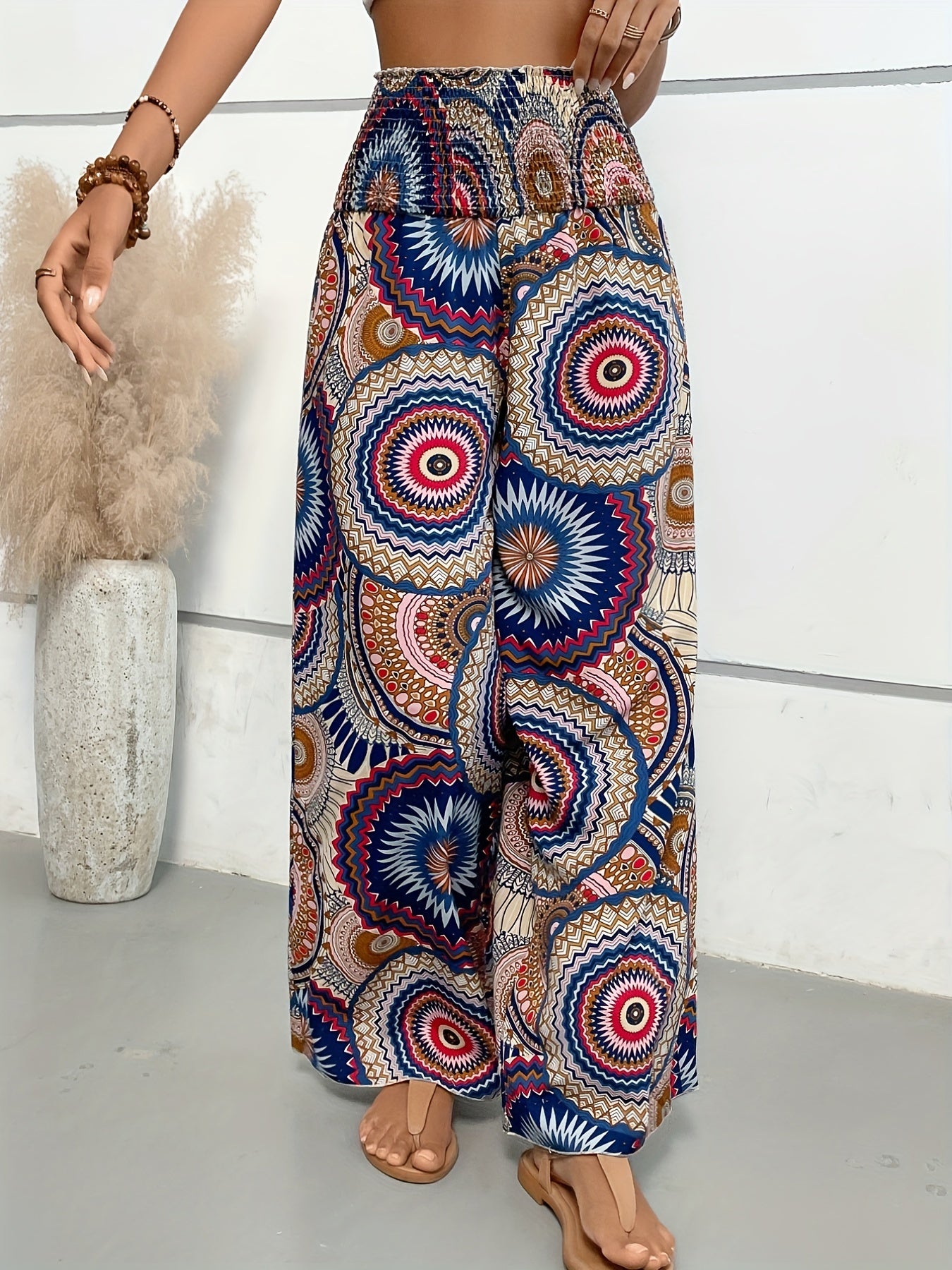 Tropical Print Wide Leg Pants