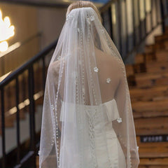 Baroque Wedding Veil With Comb Bride Floral Faux Pearl Long Veil