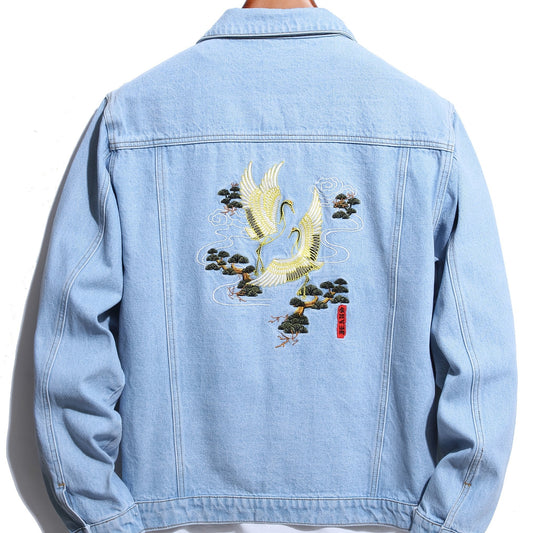 Men's Casual Crane Embroidered Denim Jacket