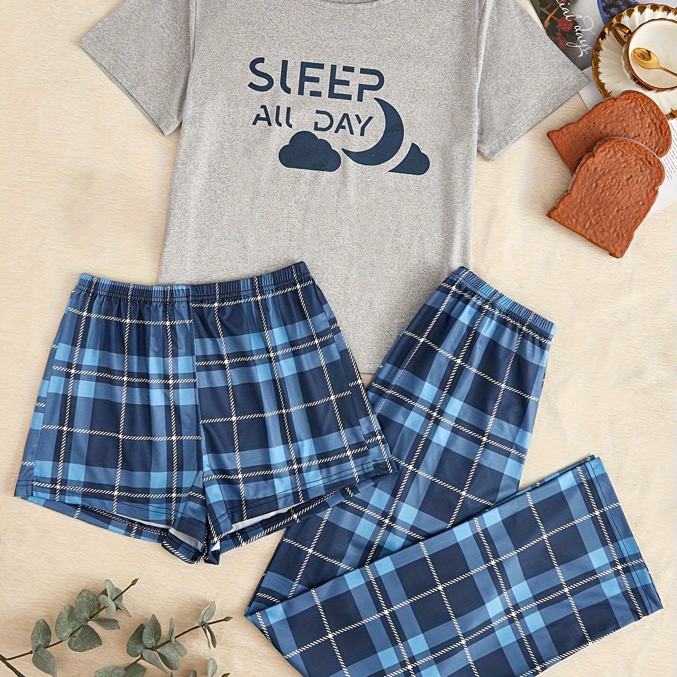3pc Letter & Plaid Pajama Set Short Sleeve Tee & Shorts Lounge Pants