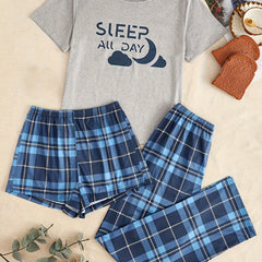 3pc Letter & Plaid Pajama Set Short Sleeve Tee & Shorts Lounge Pants