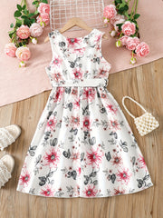 Girls Sleeveless Ruffle Trim Flowers Graphic Belted Princess Dress