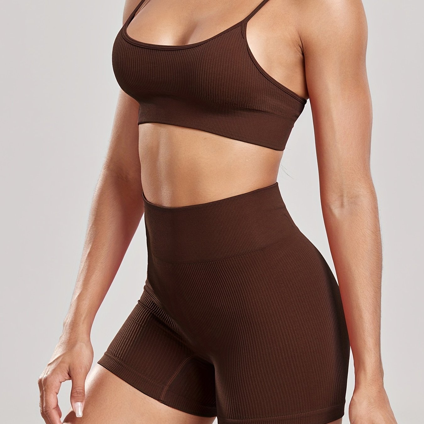 Solid Ribbed Yoga Set Sports Bra & High Waist Shorts